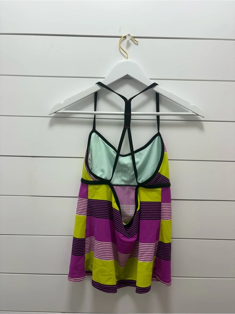 Nike Purple and Lime Green Striped Tankini Top
